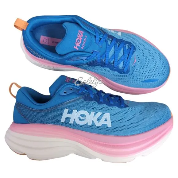 HOKA ONE Bondi 8 Coastal Sky All Aboard Blue Pink Comfort Sneaker Women 9.5 WIDE
