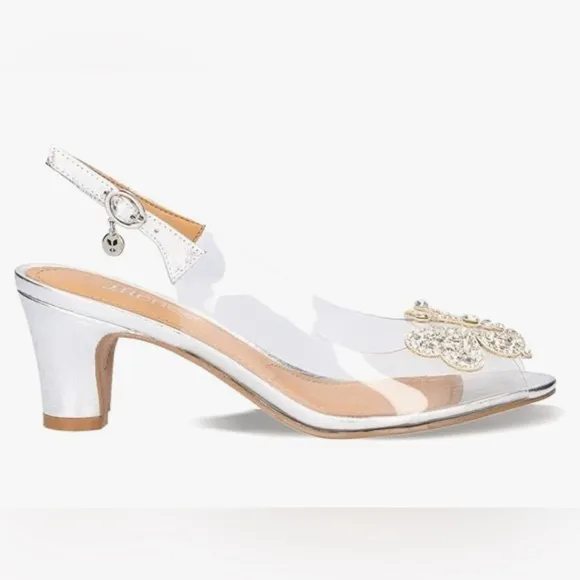 J Renee Kerensa Rhinestone Butterfly Silver Lame Metallic Clear Prom Pumps Shoes