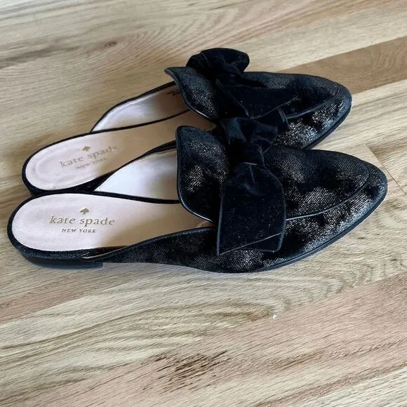 Kate Spade Shoes Womens 6.5 Black Gold Metallic Mule Slip On Carnegie Bow Velvet