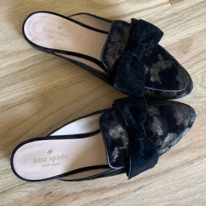 Kate Spade Shoes Womens 6.5 Black Gold Metallic Mule Slip On Carnegie Bow Velvet