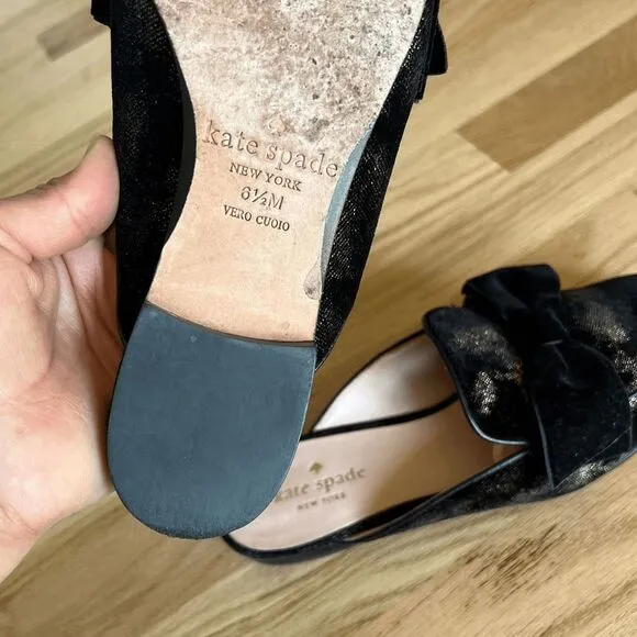 Kate Spade Shoes Womens 6.5 Black Gold Metallic Mule Slip On Carnegie Bow Velvet