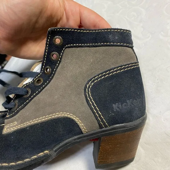 Kickers Vintage Sueded Leather Navy and Grey Ankle Heeled Boots Lace Up 36 5 US