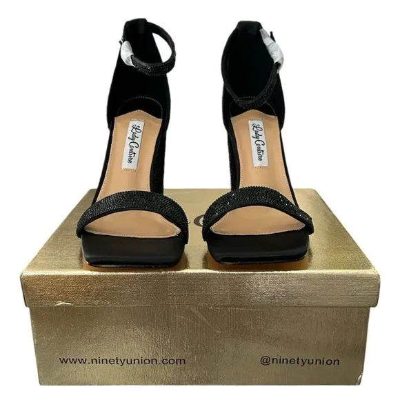 Lady Couture Dalia Black High Heeled Sandals with Rhinestones Women’s Size 9