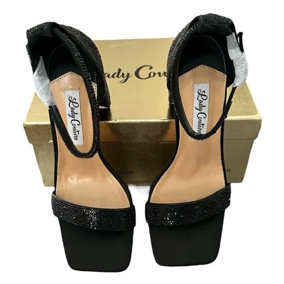 Lady Couture Dalia Black High Heeled Sandals with Rhinestones Women’s Size 9