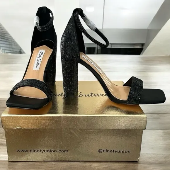 Lady Couture Dalia Black High Heeled Sandals with Rhinestones Women’s Size 9