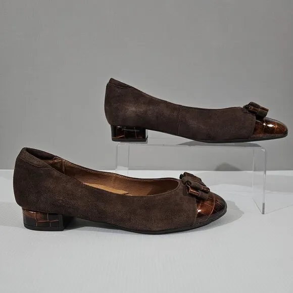 L'Amour Des Pieds Farida Bow Pumps Slip On Chocolate Kid Suede Croc Size 10
