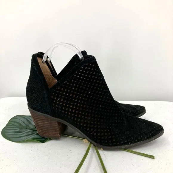 Lucky Brand Black Perforated Suede Larna Pull On Block Heel Ankle Bootie Shoes