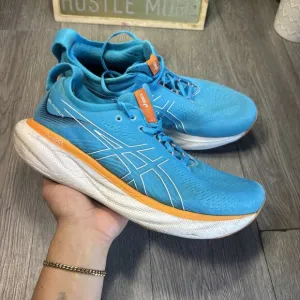 MENS ASICS GEL NIMBUS 25 RUNNING SHOES SIZE 11 BLUE ORANGE WHITE 1011B547