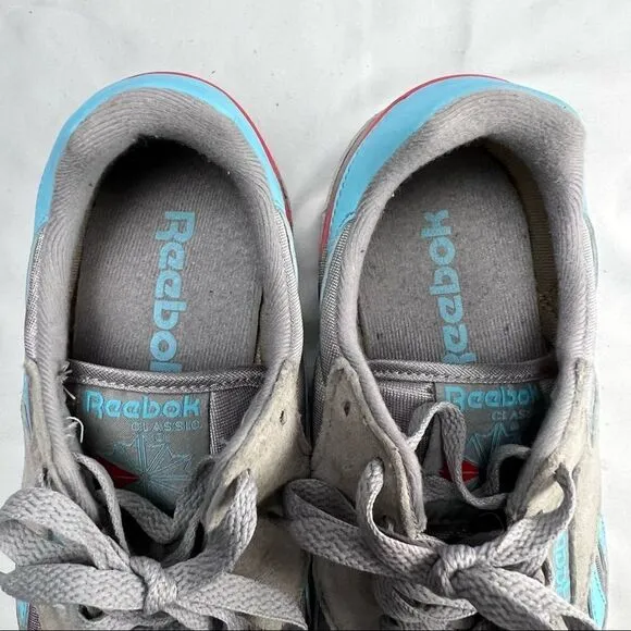 Mens Reebok Classic Foam &amp; Rubber Sole Suede Running Shoe Grey Blue Red 6.5