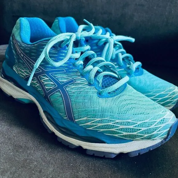 Mint Condition ASICS GEL Nimbus 18 Womens Medium Running Shoes Blue Purple 7 US