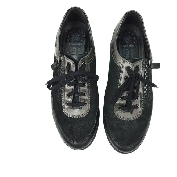 Mobils Womens Black Sneakers Lace Up Zip Shoes Size 7 Leather Low Top Comfort