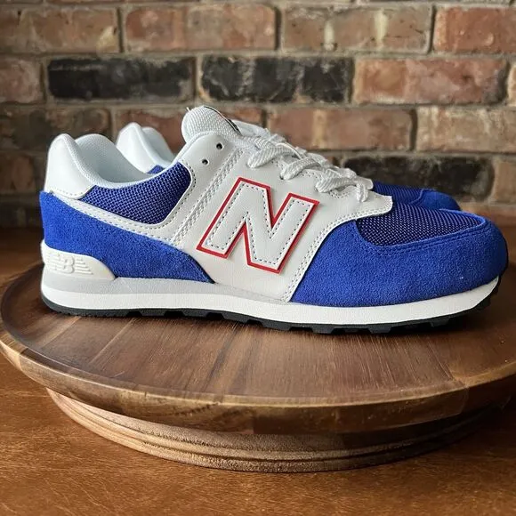 New Balance 574 Classic Sneakers Shoes Suede White Royal Blue Men's 7 Womens 8.5