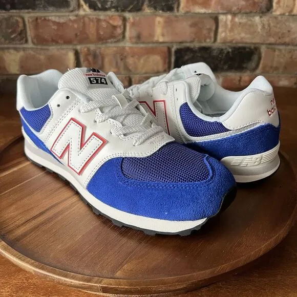 New Balance 574 Classic Sneakers Shoes Suede White Royal Blue Men's 7 Womens 8.5