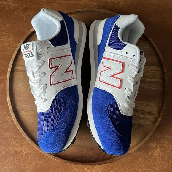 New Balance 574 Classic Sneakers Shoes Suede White Royal Blue Men's 7 Womens 8.5