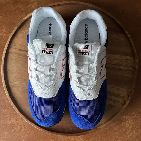 New Balance 574 Classic Sneakers Shoes Suede White Royal Blue Men's 7 Womens 8.5