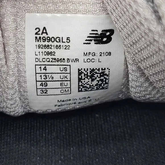 New Balance 990v5 Mens 14 2A Sneaker Shoes Made In USA Grey Comfort M990GL5