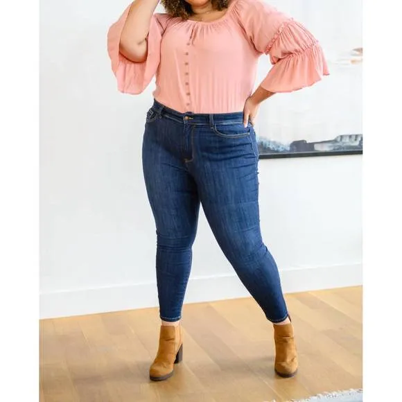 NEW JUDY BLUE back yoke skinny jeans with phone pocket in blue