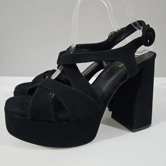 NEW Larroude Bee Platform Sandal Block Heel Black Suede Size 9