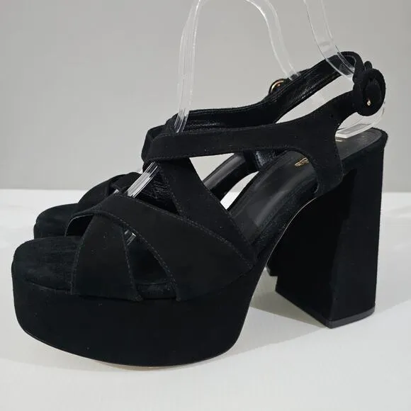 NEW Larroude Bee Platform Sandal Block Heel Black Suede Size 9