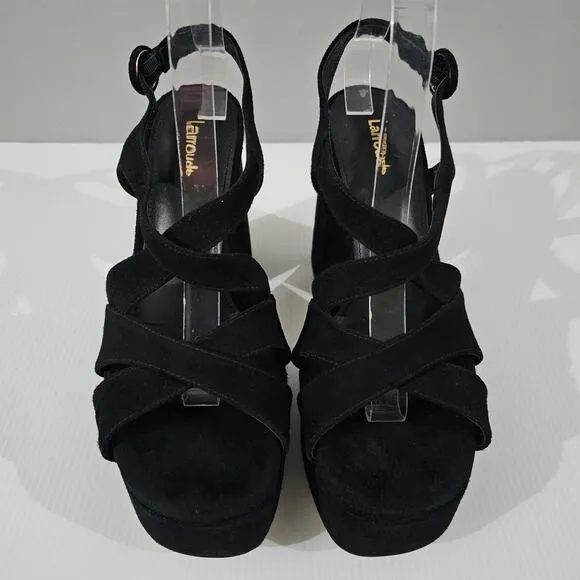 NEW Larroude Bee Platform Sandal Block Heel Black Suede Size 9