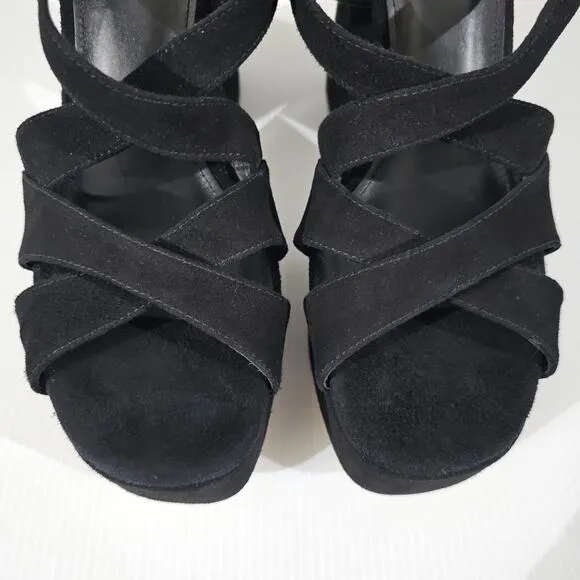 NEW Larroude Bee Platform Sandal Block Heel Black Suede Size 9