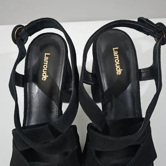 NEW Larroude Bee Platform Sandal Block Heel Black Suede Size 9