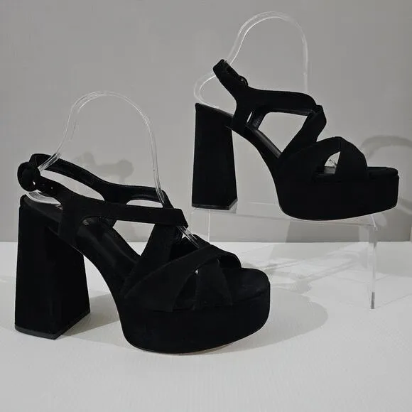 NEW Larroude Bee Platform Sandal Block Heel Black Suede Size 9