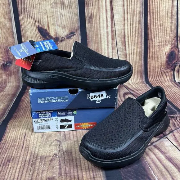 NEW Skechers Go Walk 6 Sneaker Shoes Mens 7 XW Womens 9 XW Triple Black Wide Box