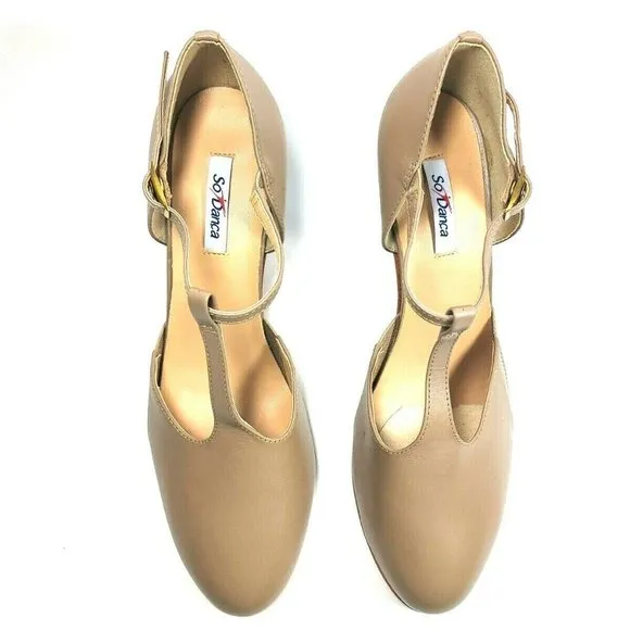 NEW So Danca Women's 11.5 M T-Strap 3&quot; Heel Leather Beige Character Dance Shoes