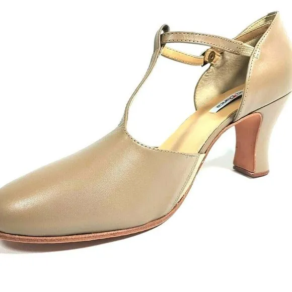 NEW So Danca Women's 11.5 M T-Strap 3&quot; Heel Leather Beige Character Dance Shoes