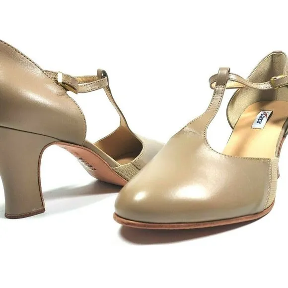 NEW So Danca Women's 11.5 M T-Strap 3&quot; Heel Leather Beige Character Dance Shoes