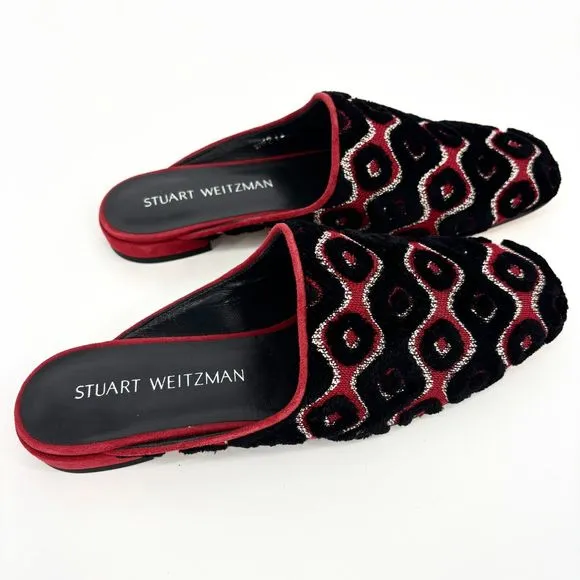 New Stuart Weitzman Women's 7M Mules Boucle Slip-On Shoes Red/Black Rostap