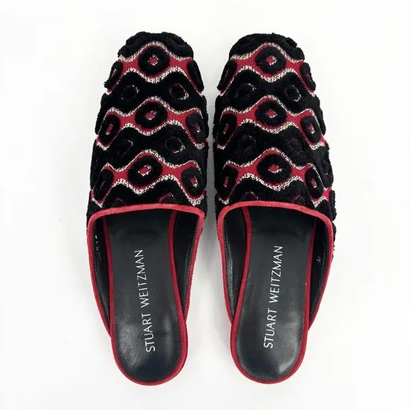 New Stuart Weitzman Women's 7M Mules Boucle Slip-On Shoes Red/Black Rostap