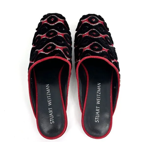 New Stuart Weitzman Women's 7M Mules Boucle Slip-On Shoes Red/Black Rostap