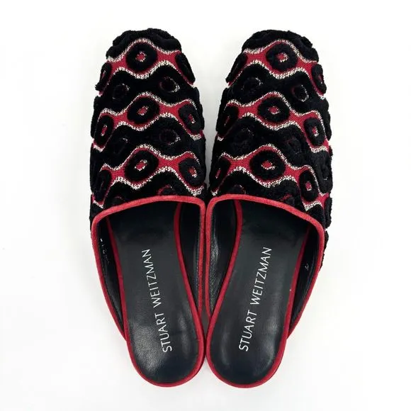 New Stuart Weitzman Women's 7M Mules Boucle Slip-On Shoes Red/Black Rostap