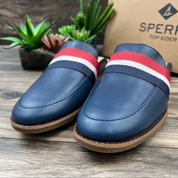 NIB Sperry Waypoint Leather Mule Slip On Shoes 8M Navy Memory Foam