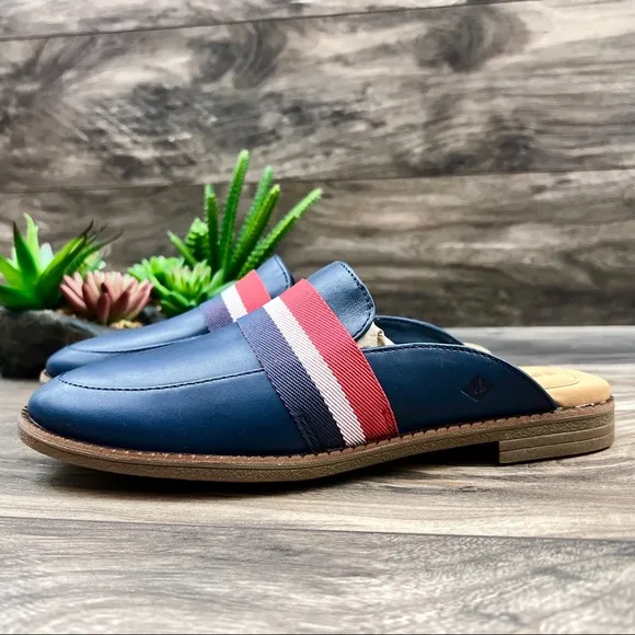 NIB Sperry Waypoint Leather Mule Slip On Shoes 8M Navy Memory Foam