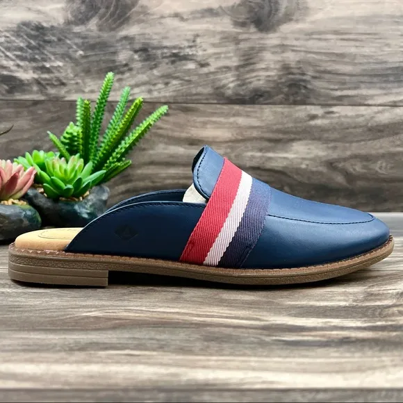 NIB Sperry Waypoint Leather Mule Slip On Shoes 8M Navy Memory Foam