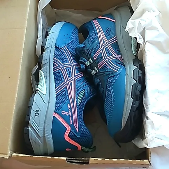 NIB Women's Asics Gel-Venture 8 Teal and coral sneaker shoes size 6