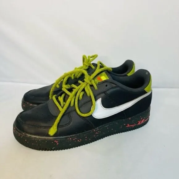 Nike Air Force 1 Black Silver Green Shoes AF1 DC2095-001  Kids 7Y Very Good Cond