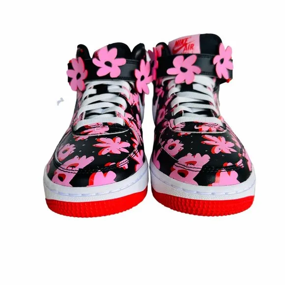 ⭐Nike Air Force 1 Mid Top Sz 4Y Kids Shoes Easy On  Black Pink Floral FQ3692-001