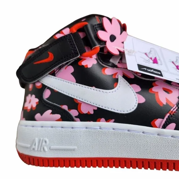 ⭐Nike Air Force 1 Mid Top Sz 4Y Kids Shoes Easy On  Black Pink Floral FQ3692-001