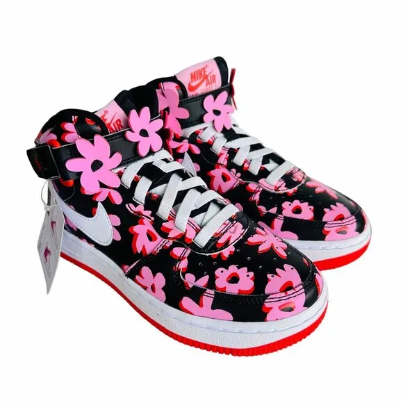 ⭐Nike Air Force 1 Mid Top Sz 4Y Kids Shoes Easy On  Black Pink Floral FQ3692-001
