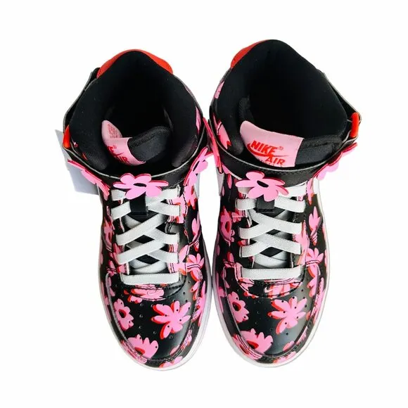 ⭐Nike Air Force 1 Mid Top Sz 4Y Kids Shoes Easy On  Black Pink Floral FQ3692-001