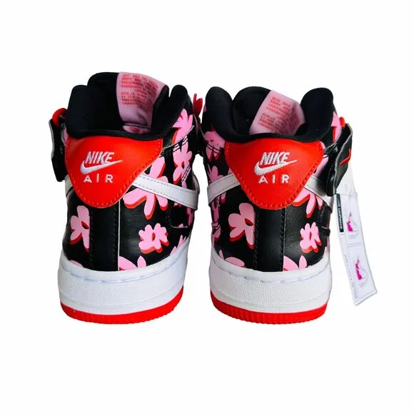 ⭐Nike Air Force 1 Mid Top Sz 4Y Kids Shoes Easy On  Black Pink Floral FQ3692-001
