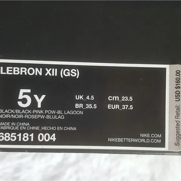 Nike Lebron XII 12 Black Pink Blue Basketball Shoes Sz 5Y Fit like a Womens 6.5