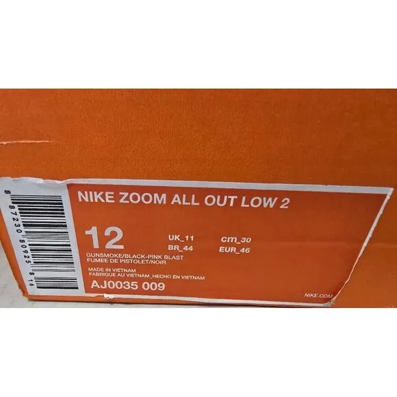 NIKE ZOOM ALL OUT LOW 2 MEN SIZE 12 GUNSMOKE PINK BLAST NEW COMORT RUN N…