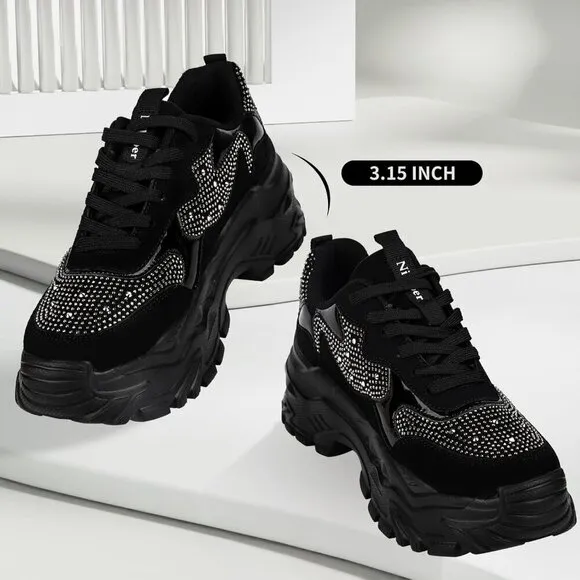 Niluber Walking Shoes Women Size(7-10) Black Rhinestone KPU Tennis Shoes.