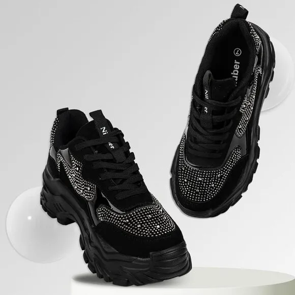 Niluber Walking Shoes Women Size(7-10) Black Rhinestone KPU Tennis Shoes.