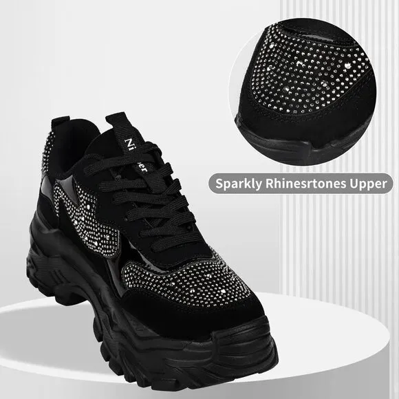 Niluber Walking Shoes Women Size(7-10) Black Rhinestone KPU Tennis Shoes.